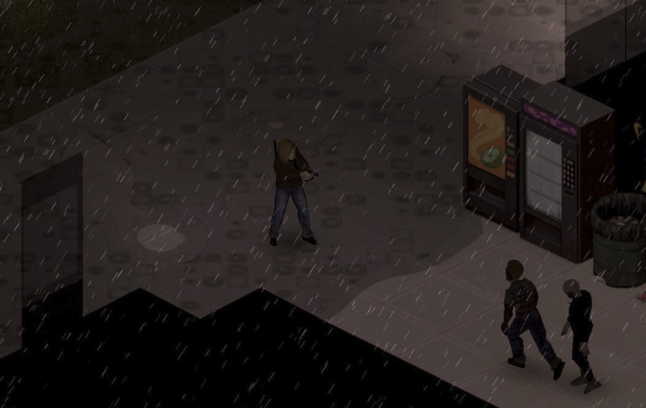 Survivors on a rainy street in Project Zomboid